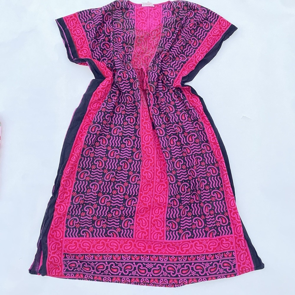 J‎ Gee Boho Batik Caftan Muumuu Nap Dress Med Lg O/S 100% Cotton Black Red Pink